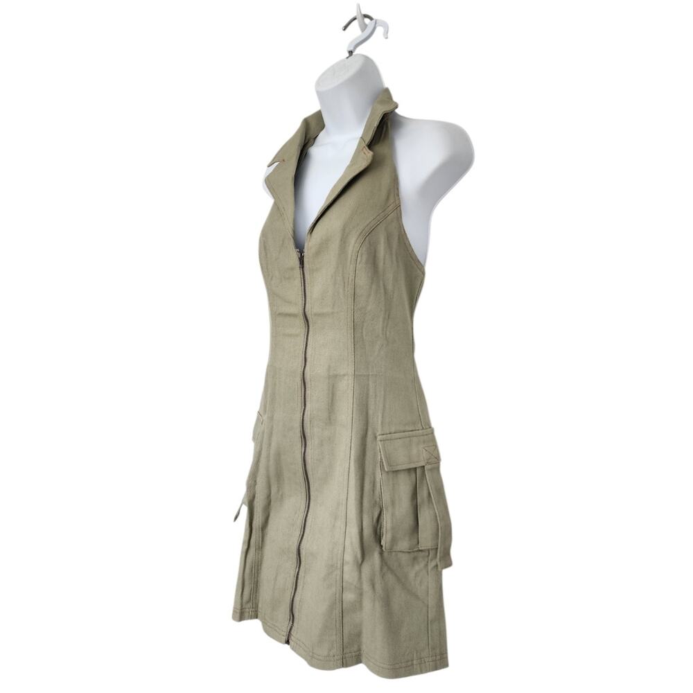 Forever 21 Denim Halter Cargo Dress Size Small Mini Full Zip Slim Fit Bodycon.
